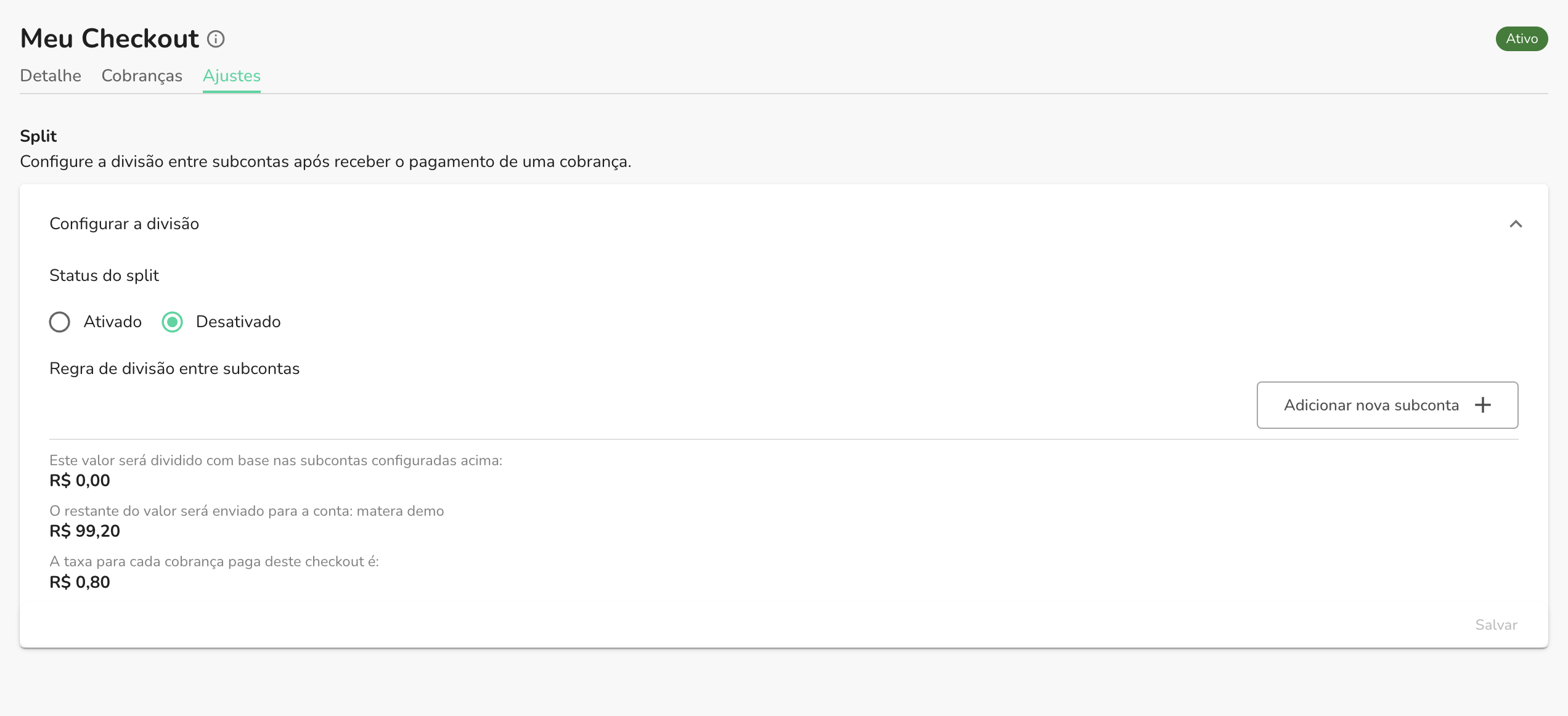 Seção de formulário da configuração do split entre subcontas no Checkout