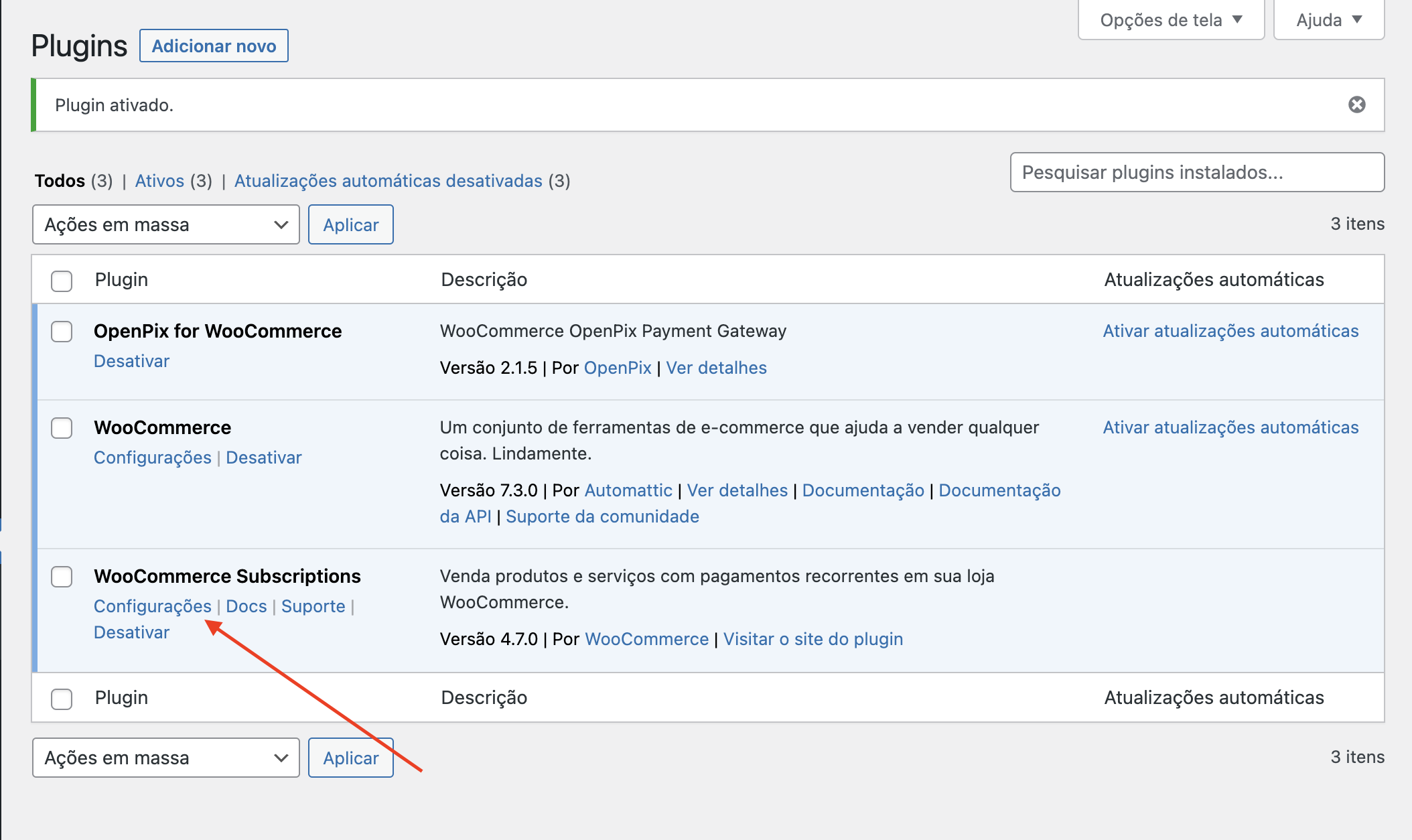 Botão de configurações no plugin